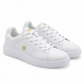 A pair of white low-top sneakers with small gold geometric logo accents on the side and tongue, shown on a clean white background.