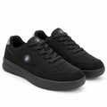 A pair of black low-top athletic sneakers with a textured mesh and suede upper, black laces, and a thick black sole, shown on a white background.