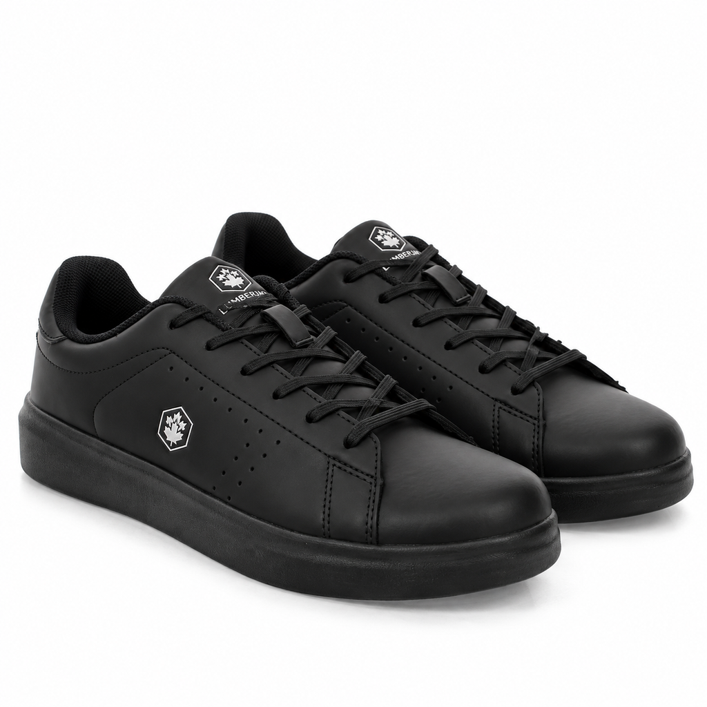 A pair of black low-top sneakers with matching black laces and soles, featuring a small white geometric logo on the side and tongue, set against a plain white background.