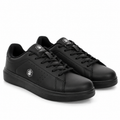 A pair of black low-top sneakers with matching black laces and soles, featuring a small white geometric logo on the side and tongue, set against a plain white background.