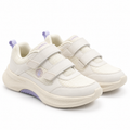 A pair of women's white sneakers with purple accents, featuring two hook-and-loop straps and a thick cushioned sole, shown on a white background.