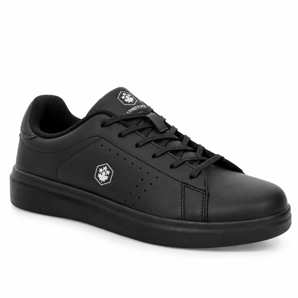 A black low-top sneaker with a black leather upper, black laces, and a thick black sole. It features a small white geometric logo with a maple leaf on the side and tongue, and the brand name 'UMISCO' printed on the tongue label.