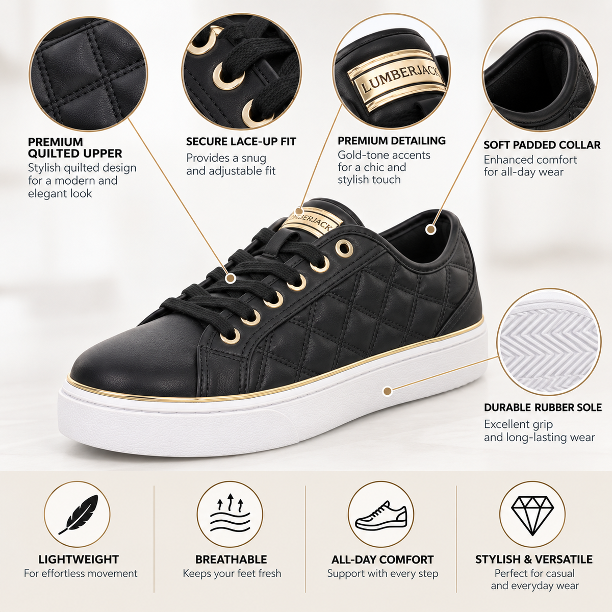Lumberjack Safiya Women's Quilted Sneakers in Black & Gold