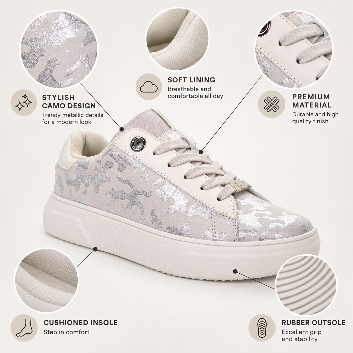 Lumberjack Geller Women's Metallic Camo Sneakers in White