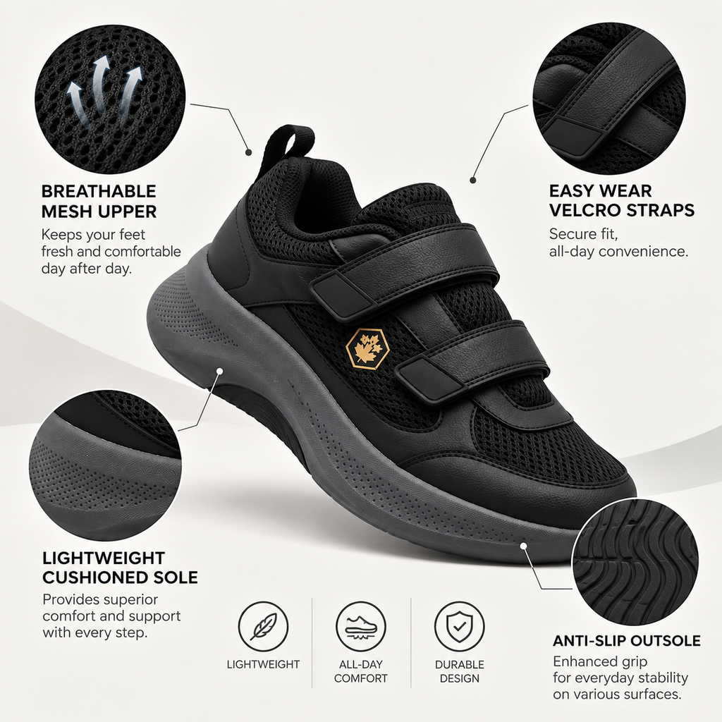 Black children's athletic sneaker with hook-and-loop straps, mesh upper, and cushioned sole, shown with callout circles highlighting features like breathable mesh, easy wear velcro straps, lightweight cushioned sole, and anti-slip outsole on a light gray background.