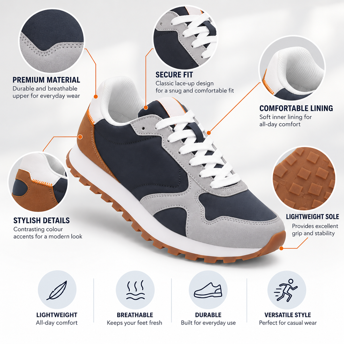 Lumberjack Frag Men's Colour-Block Sneakers in Navy, Grey & Tan
