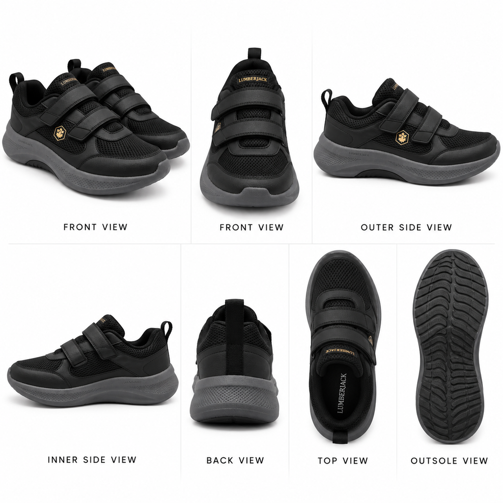 A six-panel product collage showing a pair of black children's or toddler sneakers from multiple angles: front view, outer side view, inner side view, back view, top view, and outsole view. The shoes have black mesh uppers with three black hook-and-loop straps, a black pull tab, a dark gray sole, and small gold branding on the side and tongue.