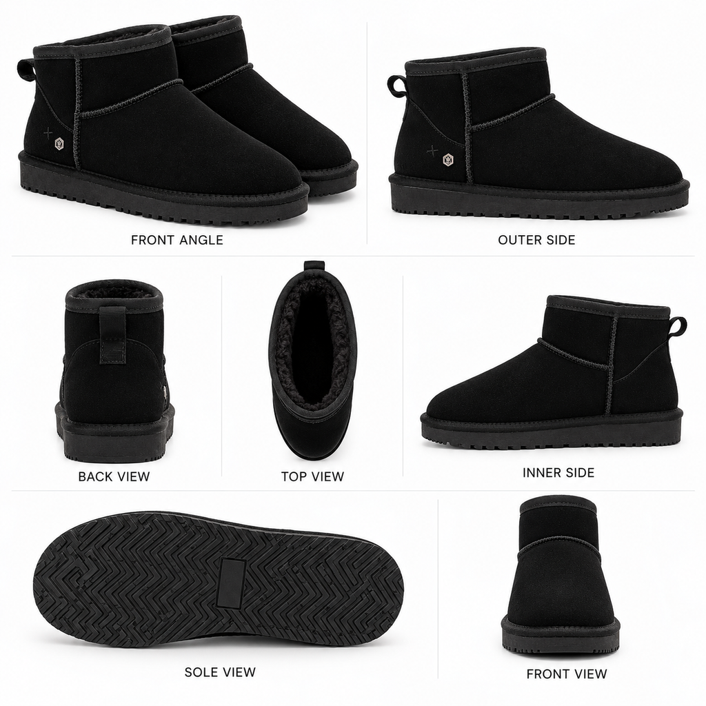 A collage showing multiple views of a black ankle-height suede winter boot on a white background, with labels for front angle, outer side, back view, top view, inner side, sole view, and front view.