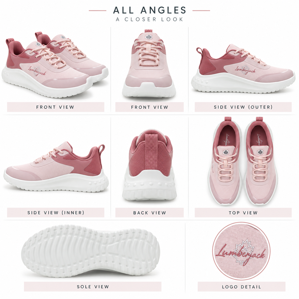 A multi-view product collage of pink and dusty rose athletic sneakers showing all angles: front, side, back, top, sole, and logo detail. The shoes have a light pink mesh upper with darker pink overlays, matching pink laces, and thick white soles.