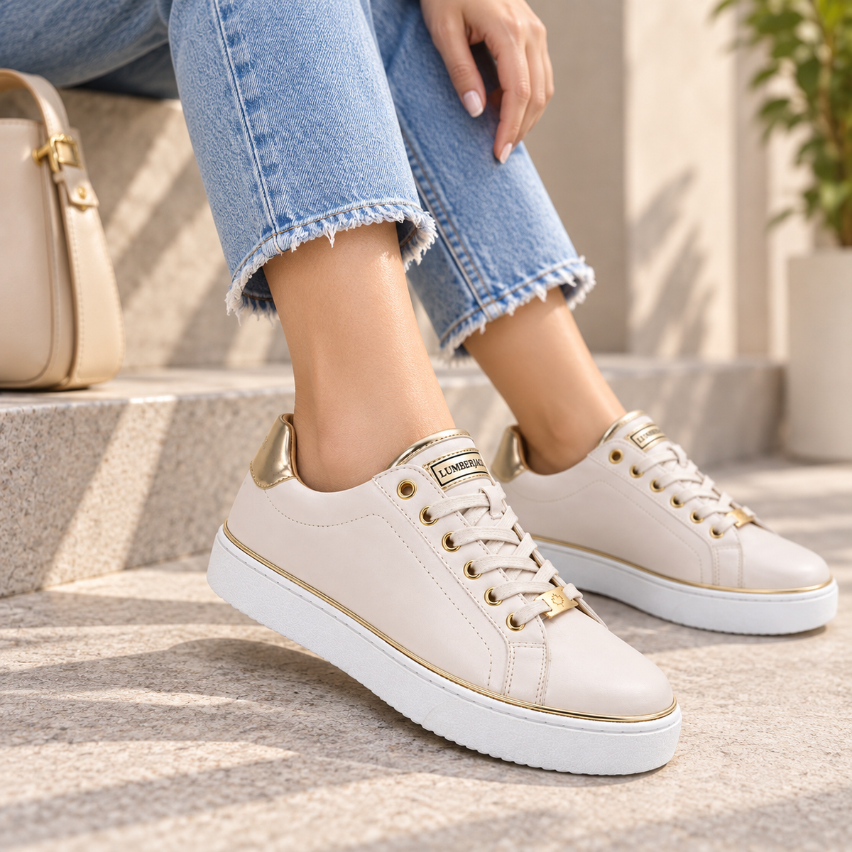 Lumberjack Safiya Women's Metallic-Trim Sneakers in Sand & Gold