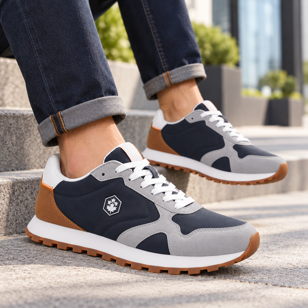 Lumberjack Frag Men's Colour-Block Sneakers in Navy, Grey & Tan