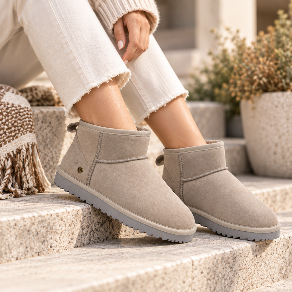 A person sitting on stone steps wearing light taupe suede ankle boots with white frayed-hem jeans in an outdoor patio setting.