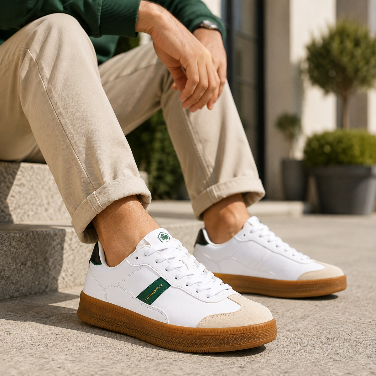 Lumberjack Fofana Men's Low-Profile Gum-Sole Sneakers in Off-White & Green