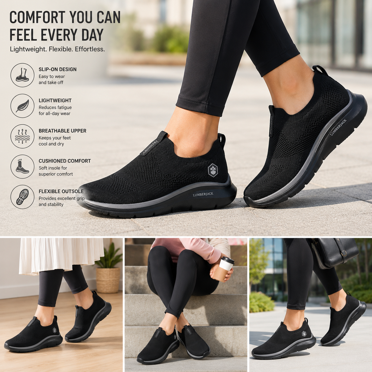 Lumberjack Lvory Women's Knit Slip-On Sneakers in Black